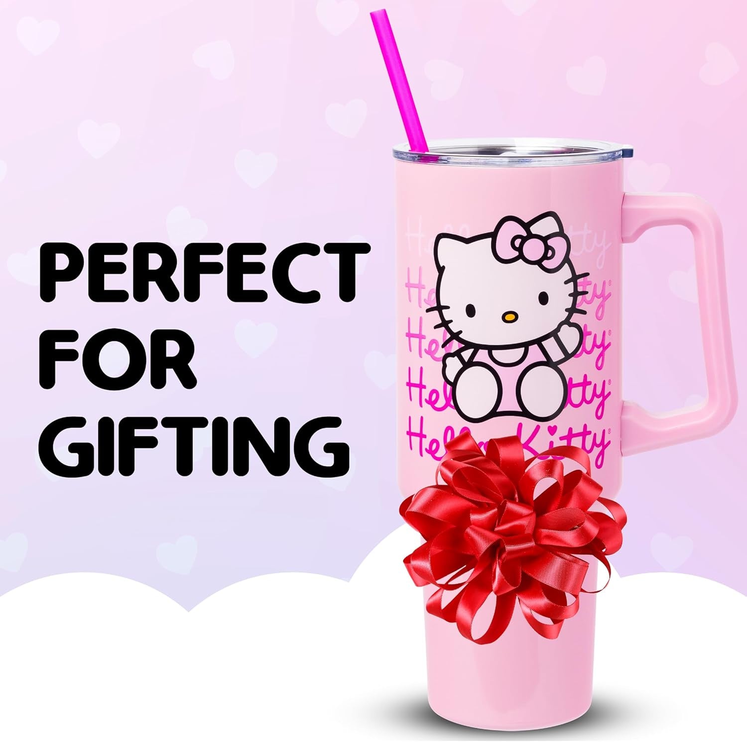 Sanrio Hello Kitty Waving Double Walled Stainless Steel Tumbler with Handle and Straw, Fits in Standard Cup Holder, 40 Ounces