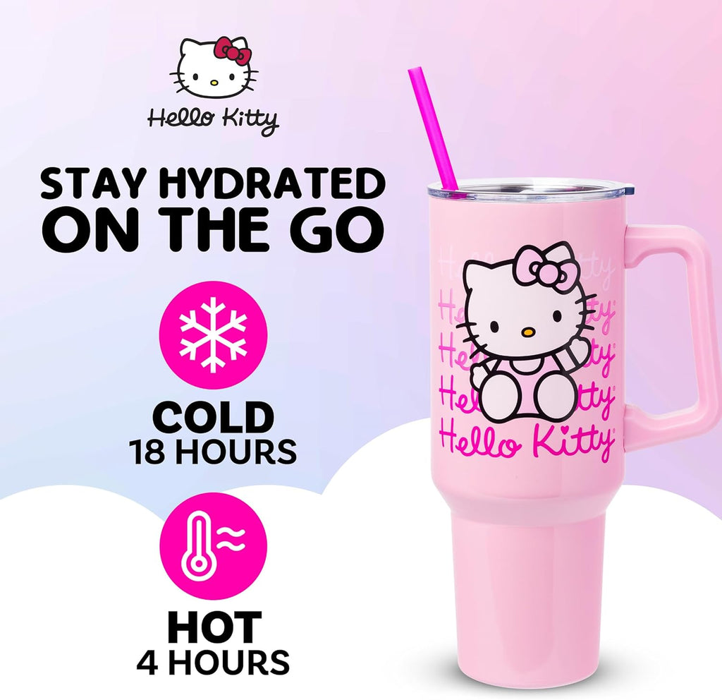 Sanrio Hello Kitty Waving Double Walled Stainless Steel Tumbler with Handle and Straw, Fits in Standard Cup Holder, 40 Ounces