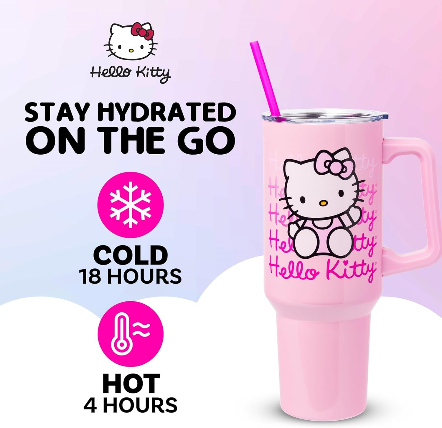 Sanrio Hello Kitty Waving Double Walled Stainless Steel Tumbler with Handle and Straw, Fits in Standard Cup Holder, 40 Ounces